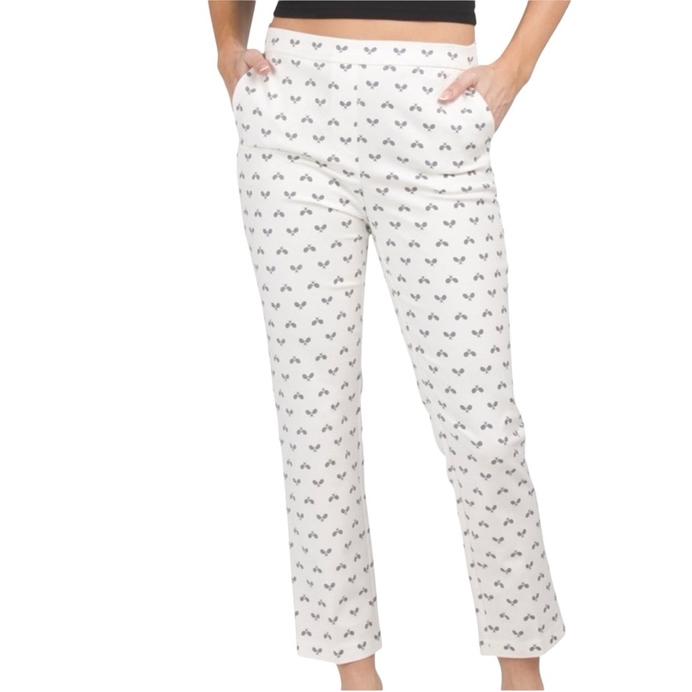 Rachel Zoe Capri Pants White with Black Tennis Print Pockets Flat Front Size 10